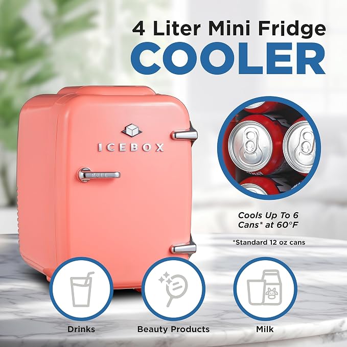IceBox 4-Liter Mini Fridge Cooler/Warmer, IBMF4BLS, Blush Red | Portable Refrigerator Holds 6 Cans, Compact for Skincare, Beverages and Food, Includes 120V AC and 12V Car Adapters - Image 2