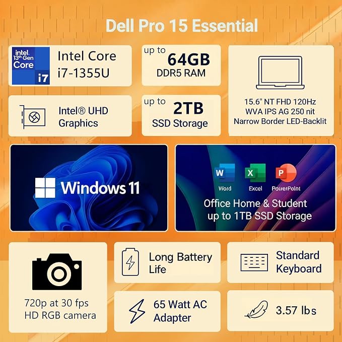 Dell Pro 15 Business Laptop, Intel Core i7-1355U, 32GB DDR5 1TB SSD | High Efficiency Office Notebook, Multi-Tasking, All-Day Battery Power, WiFi 6, Portable, FHD 120Hz Display - Image 2