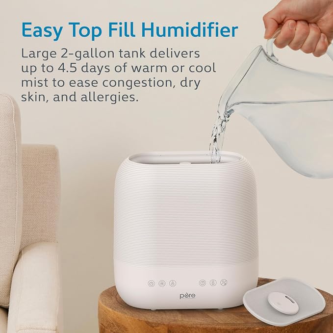 Pure Enrichment HUME Sense Warm & Cool Mist Top-Fill Humidifier, 2-Gal Tank, Up to 4.5 Days, Auto Humidity Sensor, 3 Mist Levels, Night Light, Aromatherapy, Sleep Mode & Auto Shut-Off - Image 2