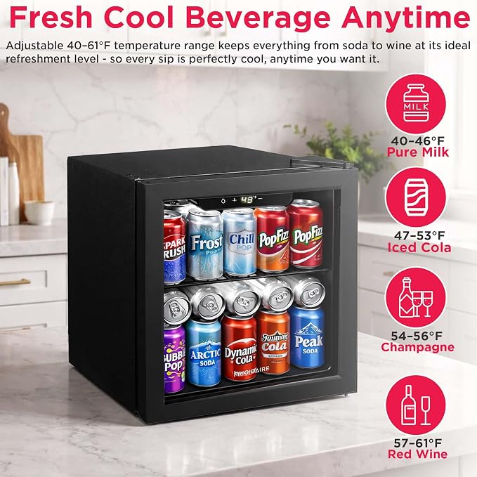 FRIGIDAIRE 12-Bottle Cooler, 1.2 Cu. Ft. Glass Door Beverage Refrigerator, Digital Display Mini Fridge with Touch Controls, Adjustable Shelves, LED Lighting & Quiet Compressor Cooling - Image 4