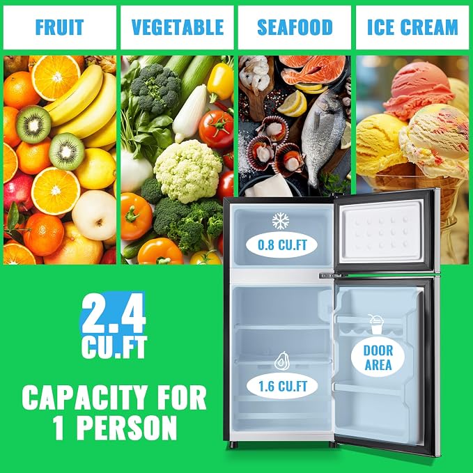 Mini Fridge with Freezer, 45L Personal Refrigerator Only for One Person Use, Silver Tiny Small Size Refrigerator with 7 Level Adjustable Temperature and Double Door - Image 2