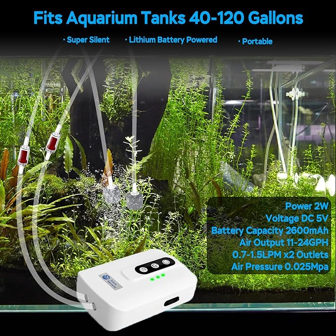AquaMiracle Lithium Battery Powered Portable Aquarium Air Pump for Fish Tank, USB Rechargeable Aquarium Bubbler Aerator for Outdoor Fishing, Power Outages and Emergency - Image 2
