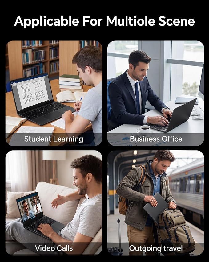 15.6'' AI Laptop with Office 365 12GB RAM 256GB SSD Win 11 Laptops | 7000mAh Battery, IPS FHD, 180°Viewing, Quad-Core Processor, Type-C, WiFi5, Portable Thin Business Student Laptops, Black - Image 10