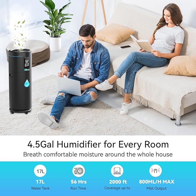 Humidifiers for Large Room Home Bedroom 2000 sq.ft. 17L/4.5Gal Large Humidifier with Extension Tube & 4 Speed Mist,Top Fill Wholehouse Humidifier with 360°Nozzle for Plant Commercial Greenhouse(Black) - Image 2