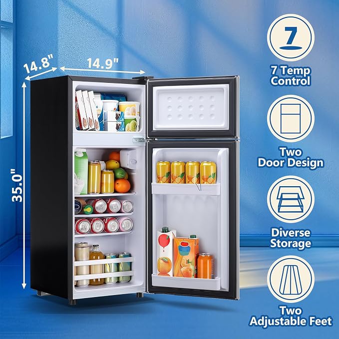 55L Capacity Silver Refrigerator with Freezer Double Door Mini Fridge Small Apartment Refrigerator with 7 Adjustable Temp Control - Image 6