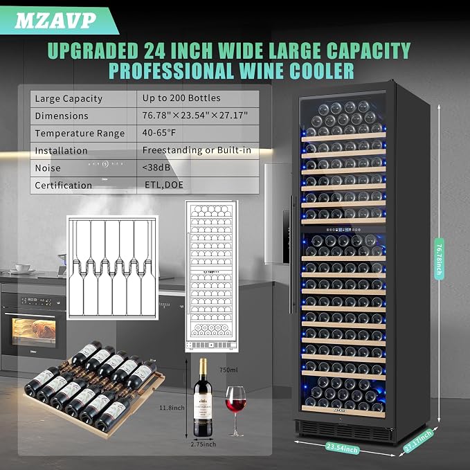 200 Bottle Dual Zone Wine Fridge, 24 Inch Large Wine Cooler Refrigerator Built-In or Freestanding, Tall Wine Cooler with Upgraded Compressor, Temperature Memory, Low Noise and Fast Cooling - Image 7