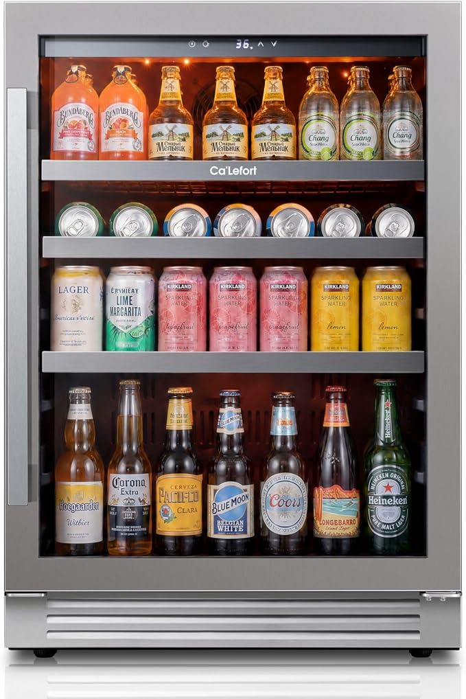 Ca'Lefort Beverage Refrigerator 24 Inch, 180 Cans Mini Fridge with Double Glass Door, Built-in or Freestanding Drink Cooler with Amber LED Light, Beverage Fridge for Kitchen Bar Office(Right-Hinged) by CaLefort