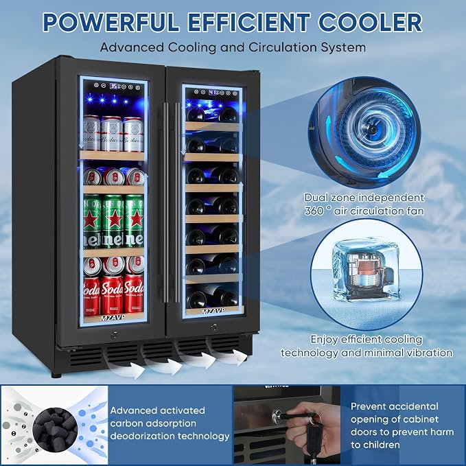 Wine and Beverage Refrigerator 24", Dual Zone Wine & Beverage Cooler with Glass Door and French Door, Built-In/Freestanding Wine and Beer Fridge Holds 21 Bottles & 88 Cans for Home/Bar - Black - Image 4