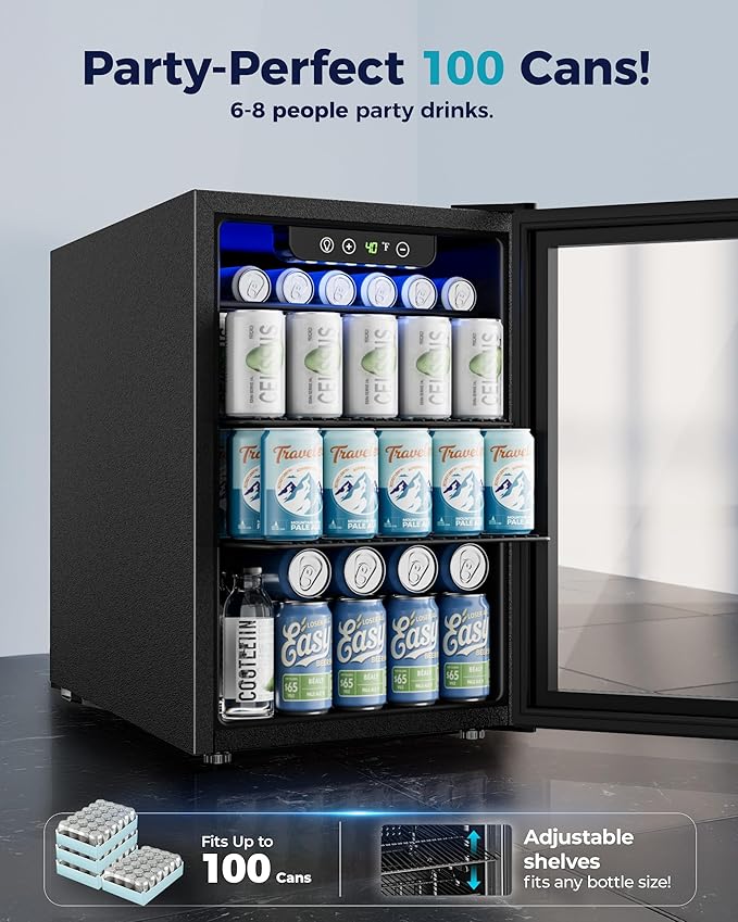 EUHOMY 100 Can Beverage Refrigerator cooler-Mini Fridge Glass Door for Beer Drinks Wines, Freestanding Beverage Fridge with Adjustable Shelves Blue LED for Home/Office/Dorm/Bar, 2.7 cu.ft - Image 2