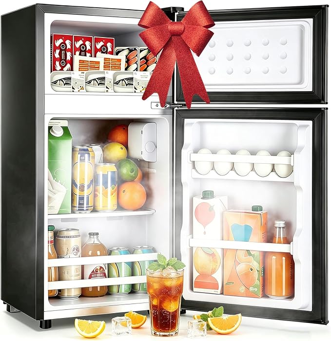 Mini Fridge with Double Doors 2.4 ft³ Small Refrigerator with Separate Freezer & 7 Adjustable Temperature Control, Tiny Size & Personal Fridge Ideal for Office Apartment Dorm Dark Grey by DEMULLER