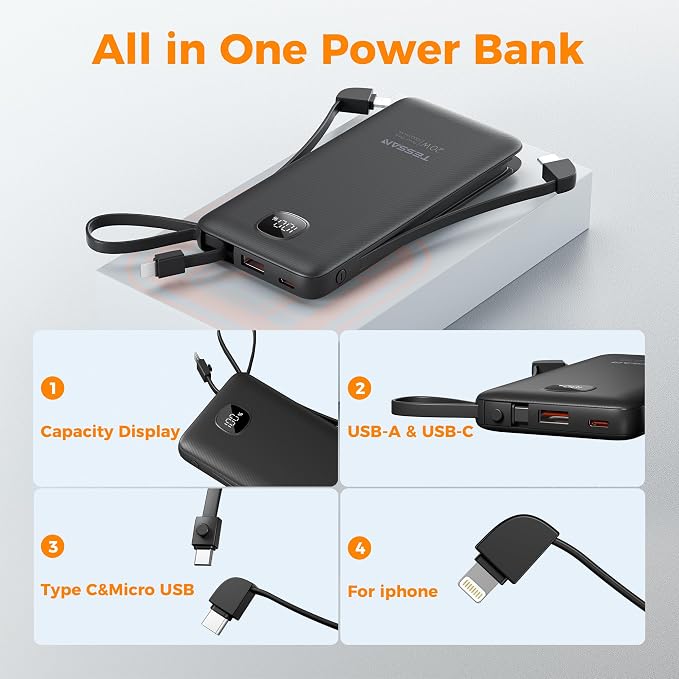 TESSAN Portable Charger with Built in Cables, 10000mAh Power Bank Fast Charging with Foldable AC Plug, PD20W Compact Battery Pack Travel Essentials for iPhone 17/16/15 Series, Samsung, Tablets, Black - Image 6