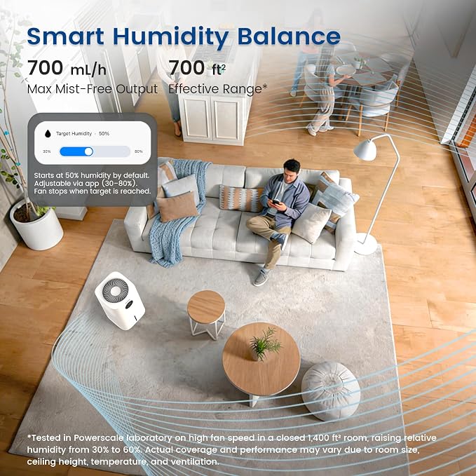 Powerscale MF6 Smart Evaporative Humidifiers for Bedroom, 1.8 Gal Top-Fill, Up to 700mL/h Mist-Free Output, WiFi Smart Touchscreen Control, Auto Filter Dry, Electrolysis Self-Clean, Quiet Sleep Mode - Image 4