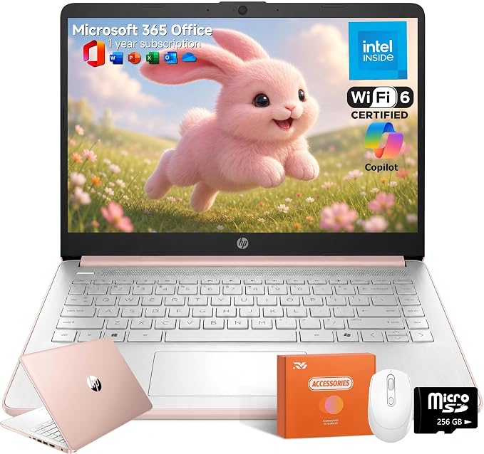 HP 14 Laptop for Students and Home Use, Intel Processor N150, 16GB RAM | 128GB UFS+256GB MSD, 14" HD Display, Wi-Fi 6, 1-Year Microsoft 365, Copilot AI Key, Lightweight, Pale Rose Gold, W/Mouse by Unknown