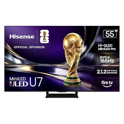Hisense 55" U7 Mini-LED ULED 4K UHD Best Premium Gaming HDR Smart Fire TV (55U7SF, 2026 New) - Hi-QLED, Native 165Hz, VRR 330, Dolby Vision IQ · Atmos, IMAX Enhanced, Anti-Reflection, 2.1.2 Ch, Alexa+ by Hisense