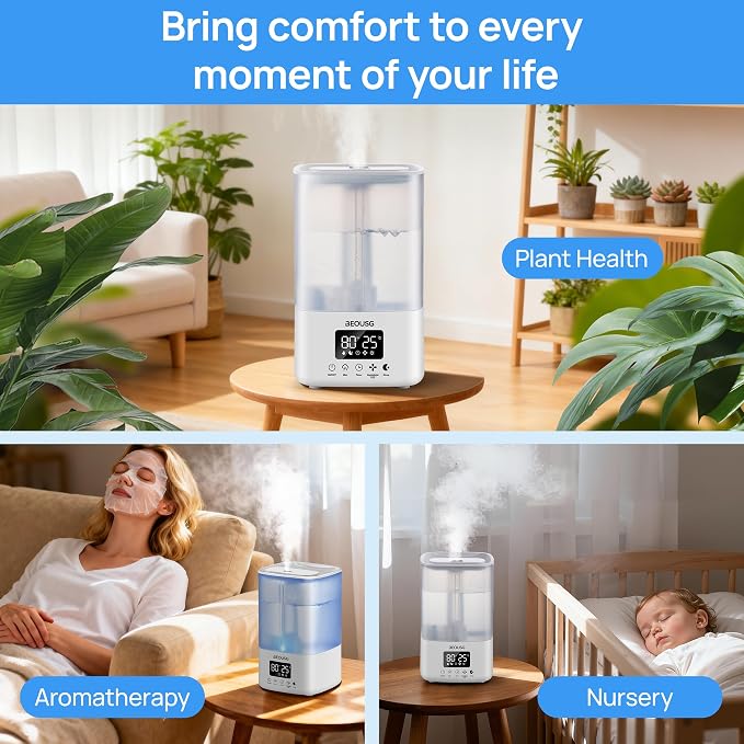 5L Top Fill Ultrasonic Humidifier,Cool Mist Humidifiers with Timer & Humidity Control for Bedroom, Baby, Large Rooms & Plants (White-2) - Image 7