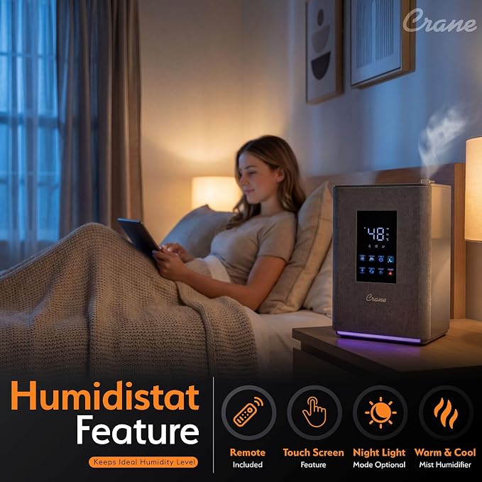 Crane 4.5L Warm and Cool Mist Humidifier, Top Fill Ultrasonic Humidifier for Large Room, Bedroom, Baby Nursery, Easy Clean, Humidifier with Essential Oil Tray, Humidifier with Humidistat & Remote - Image 3