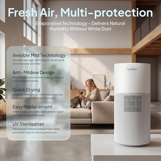 8L Evaporative Humidifier for Large Rooms up to 1000 ft²- Baby Elderly& Pet Safe Cool Evaporation, 900ml/h Output, UV Disinfection, Easy Top Fill,UltraQuiet 28dB, Smart AI Humidity Control Upgraded - Image 4