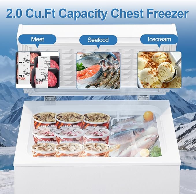 Erivess 2.0 Cu Ft Compact Chest Freezer, Mini Deep Freezer 7 Temp Settings | Energy Saving & Low Noise Free Standing Top open Door Small Freezer, Reversible Door, Removable Shelves, Small freezer, Home - Image 5