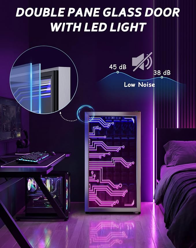 Tehanld 3.2 Cu.Ft Beverage Refrigerator, 130-Can LED Glass Door Fridge | 130 cans, 35-65°F digital temperature control, fan cooling, 3 movable shelves and an LED-lit display for home bars - Image 6