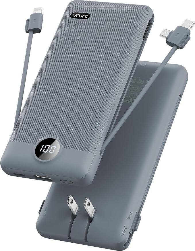 VRURC Portable Charger Built-in Cables and AC Wall Plug, USB C Power Bank 10000mAh, Travel Battery Portable Phone Charger Compact Lightweight External Battery Pack for Smart Phones, Tablets etc-Grey by Home