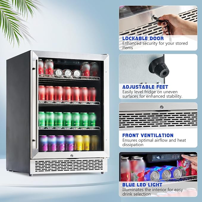 Albott 24 Inch Beverage Refrigerator, Under Counter Fridge with Glass Door | Adjustable Shelves, LED Touch Panel, Built-In or Freestanding Design for Wine and Beer, 34-64℉ - Image 4