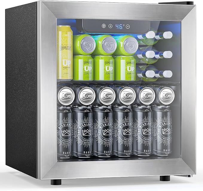 Electactic 48 Can Beverage Refrigerator,12 Bottle Wine Cooler with Stainless Steel Glass Door, Digital Temperature Display, Countertop Mini Fridge for Soda, Wine or Beer, Silver by Electactic