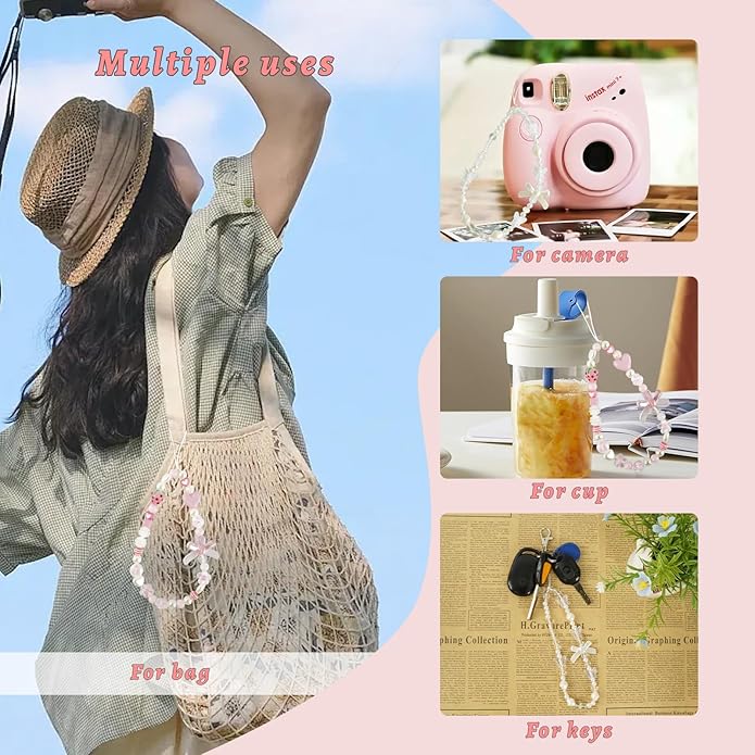 Pink Beaded Phone Wrist Straps, Y2K Phone Case Charms Camera Charm Strap - Image 3