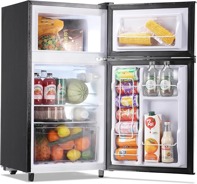Mini Fridge with Freezer Two Doors Compact Refrigerator with 7 Setting Adjustable Thermostat Crisper Drawer & Removable Shelves Extra Drink Space Low Noise Freezer-on-Top Refrigerator, Silver by WANAI%C2%AE