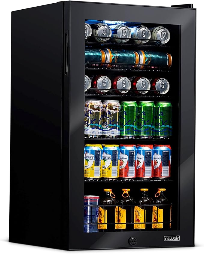 NewAir 126 Can Beverage Refrigerator | Freestanding Small Mini Fridge for Bedroom with Glass Door | Drink Cooler with Adjustable Shelves, Quiet Cooling & Locking Door | Black by NewAir
