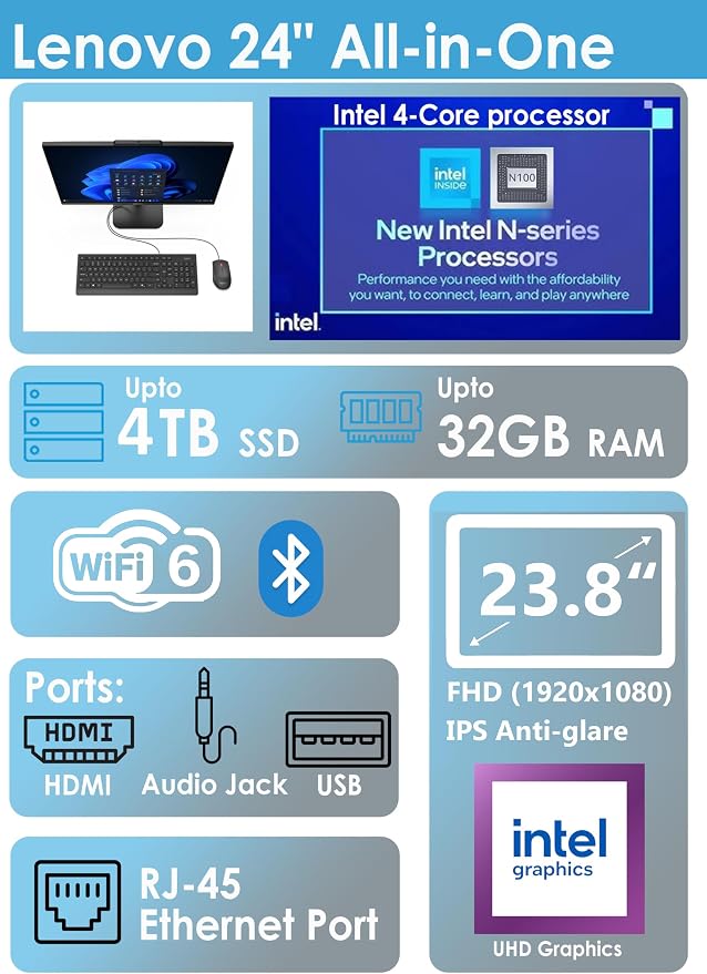 Lenovo IdeaCentre 24 23.8" N100 8GB 512GB SSD All-in-One Desktop Computer | FHD IPS Display, Intel UHD Graphics, WiFi 6, Keyboard, Mouse, Windows 11 Home, Black - Image 2