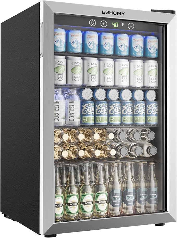 EUHOMY 4.5 Cu.ft Beverage Refrigerator and Cooler, 145 Can Mini fridge with Glass Door for Soda Beer Wine, Small Drink Dispenser with Digital Adjustable Thermostat for Home Office Bar by EUHOMY