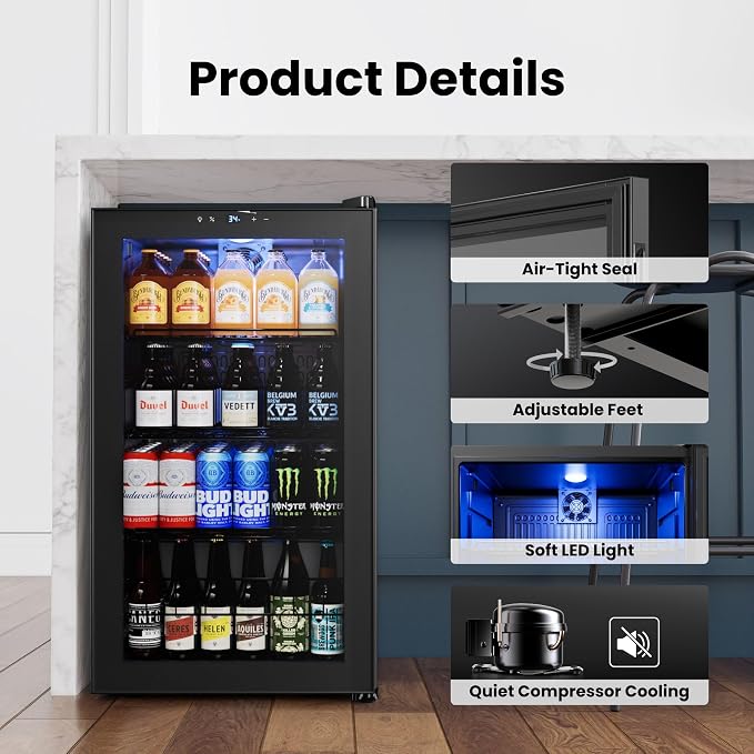 Yeego Beverage Refrigerator, 130 Can Mini Fridge with Glass Door, Adjustable Shelves, Digital Temperature Control 34°F-54°F, Drink Cooler for Soda, Beer and Wine, Freestanding or Under Counter, Black - Image 5