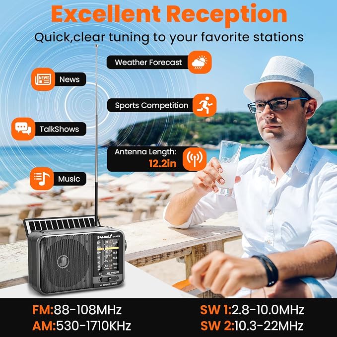 Solar-Powered Portable Radio, AM/FM/SW Radio with Loud Speaker, Built-in Rechargeable Battery and USB-C - Emergency Radio for Outdoor, Camping, Travel, Storms and Power Outages (Model BJL-671-Solar) - Image 7