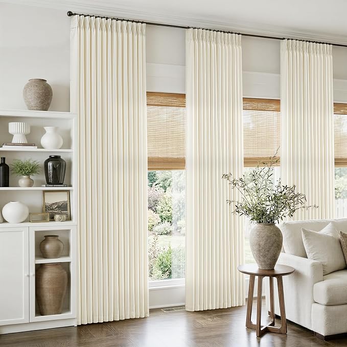 Cream Beige Pinch Pleated Linen Curtains 108 Inch 4 Panels Set by Twodrapes