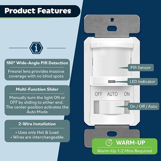 TOPGREENER Occupancy/Vacancy PIR Motion Sensor Light Switch, CDS Sensor - Image 2