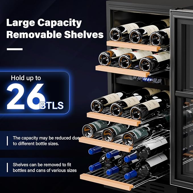 ROVSUN 15 Inch Dual Zone Wine Fridge, 26 Bottle Wine Cooler Refrigerator | 41-64°F, Stainless Steel Handle, LED Light, Built-in or Under Counter or Freestanding Wine Refrigerator for Home/Bar/Kitchen - Image 3