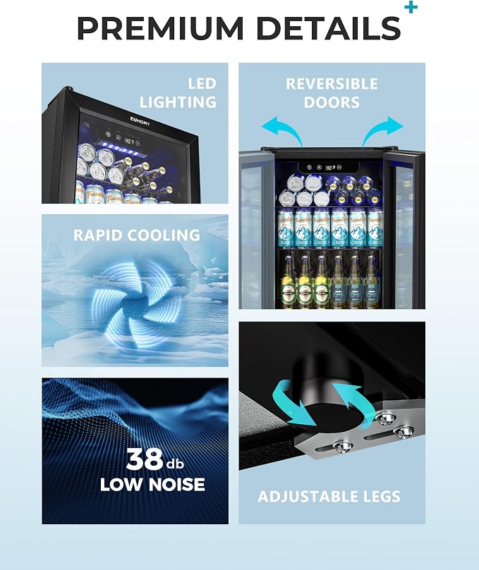 EUHOMY Beverage Refrigerator Cooler - 68 Can Mini Fridge with Glass Door for Soda, Beer, Wine, Small Refrigerator with Digital Temperature Control and Adjustable Shelves for Home Office Bar, 1.7 Cu.ft - Image 7