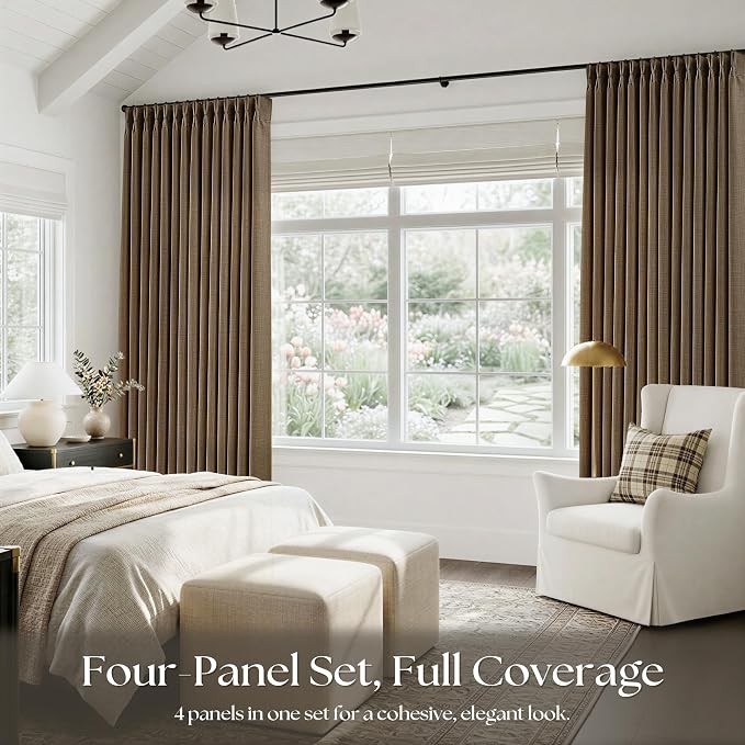 Chocolate Brown Pinch Pleated Bedroom Curtains 102 Inches Long 4 Panels Set - Image 6