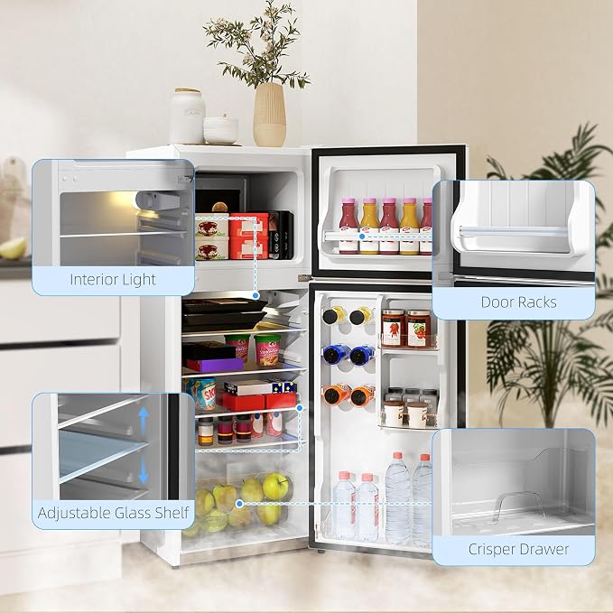 HOMCOM 4 Cu.Ft Mini Fridge with Freezer Double Reversible White | Compact Refrigerator, Adjustable Thermostat, Shelf, for Bedroom Dorm Home Office, Energy Efficient - Image 6