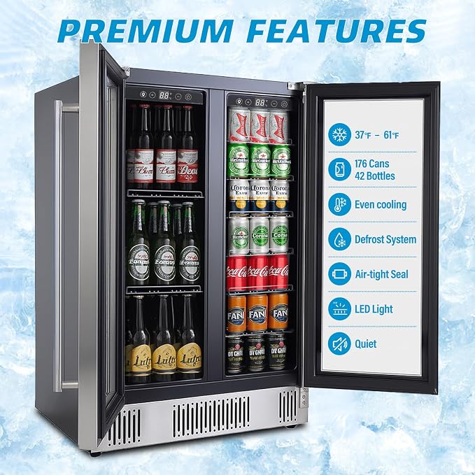 Erivess 24 inch Beverage Refrigerator Cooler, 5.4 Cubic/176 Can Large Fridge Dual Zone with Glass Front Door, Under Counter Small Refrigerator with Adjustable Shelves and Digital Display - Image 4