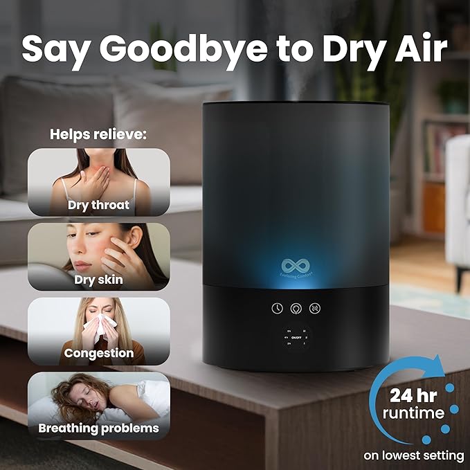 Everlasting Comfort 2.5L Top Fill Humidifiers for Bedroom - Quiet Easy to Fill & Clean, 24HR Runtime, Night Lights, Timer, Ultrasonic Cool Mist Humidifier, Auto Shut-Off, Essential Oil Diffuser - Image 2