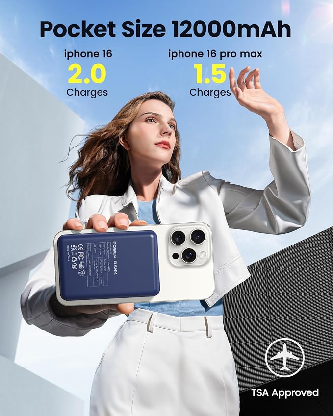 for Magsafe Battery Pack 12000mAh Magnetic Power Bank Portable Charger 20W USB C Fast Charging Wireless Charger for iPhone 17/16/15/14/13/12 - Image 3