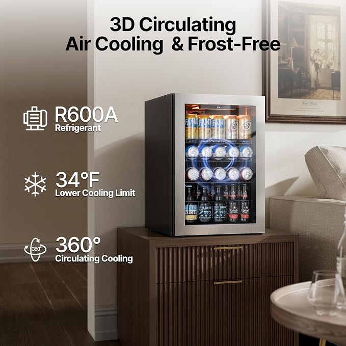 Ca'Lefort 85 Cans Mini Fridge, Beverage Refrigerator Cooler for Drink, Beer | 2.18 Cu.ft, Low-noise, Reversible Glass Door, 3-Color LED Lighting, Adjustable Shelves, 34℉ to 54℉ - Image 4