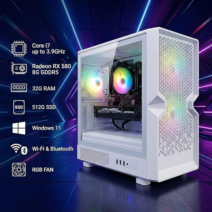 STGAubron Gaming PC Desktop,Core I7,RX 580 8G,32G RAM,512G SSD | Gaming Computer Tower for Streaming,Video Editing,Home,School,I7 up to 3.9GHz,ARGB Fan,WiFi 6,BT 5.0,4K HDMI,Win11 Home,White - Image 2