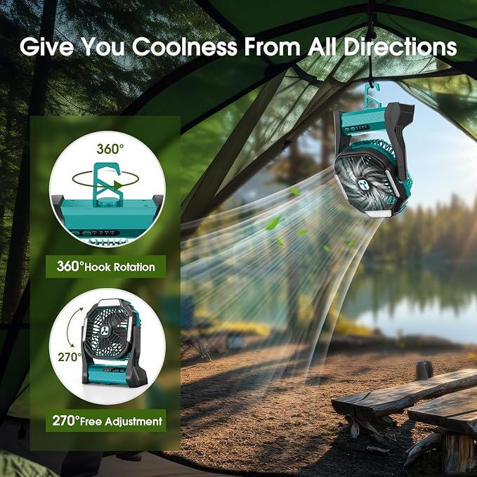 Portable Rechargeable Fan, 20000mAh Cordless Battery Powered Camping Tent Fans with LED Lantern, Small USB C Operated Outdoor Ventilador for Travel Camp Fishing Picnic Bedroom Power Outage Emergency - Image 4