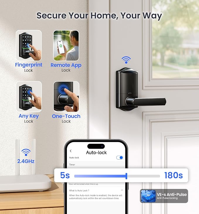 Veise VE029 WiFi Smart Lever Lock, Fingerprint Keyless Entry Door Lock - Image 6