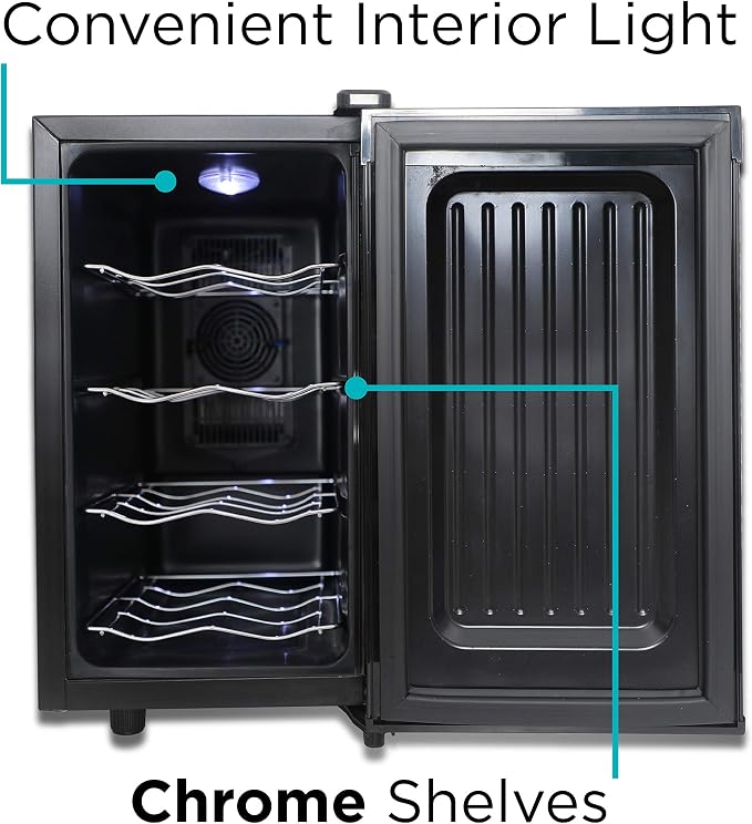 BLACK+DECKER 8-Bottle Thermoelectric Wine Chiller, BD60326, Mirrored Door | Thermoelectric Wine Cooler with Temperature Control, 8 Bottle Fridge for Reds, Whites and More, LED Display, Chrome Racks - Image 7