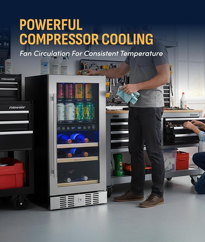 NewAir 15" Dual Zone Beverage Refrigerator & Wine Cooler for 9 Bottles & 48 Cans | Freestanding or Built-In Under Counter Mini Fridge for Beer, Wine and Soda | Stainless Steel - Image 6