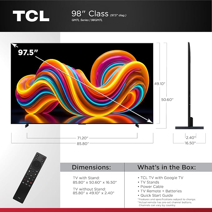 TCL 98 Inch Class QM7L Series | SQD-Mini-LED QLED Smart TV | 98QM7L, 2026 Model | 144Hz | Ultimate Color Ultra Brightness & Contrast | Google AI Bang & Olufsen | Voice Gaming Streaming Television - Image 2