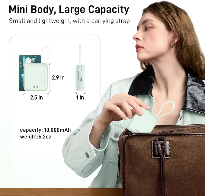 VINKO Small Portable Charger, 22.5W Fast Charging Mini Power Bank 10000mAh with Built-in Cables LED Display, Travel Essential USB-C Battery Pack Compatible with iPhone,Samsung,Android (Green) - Image 2